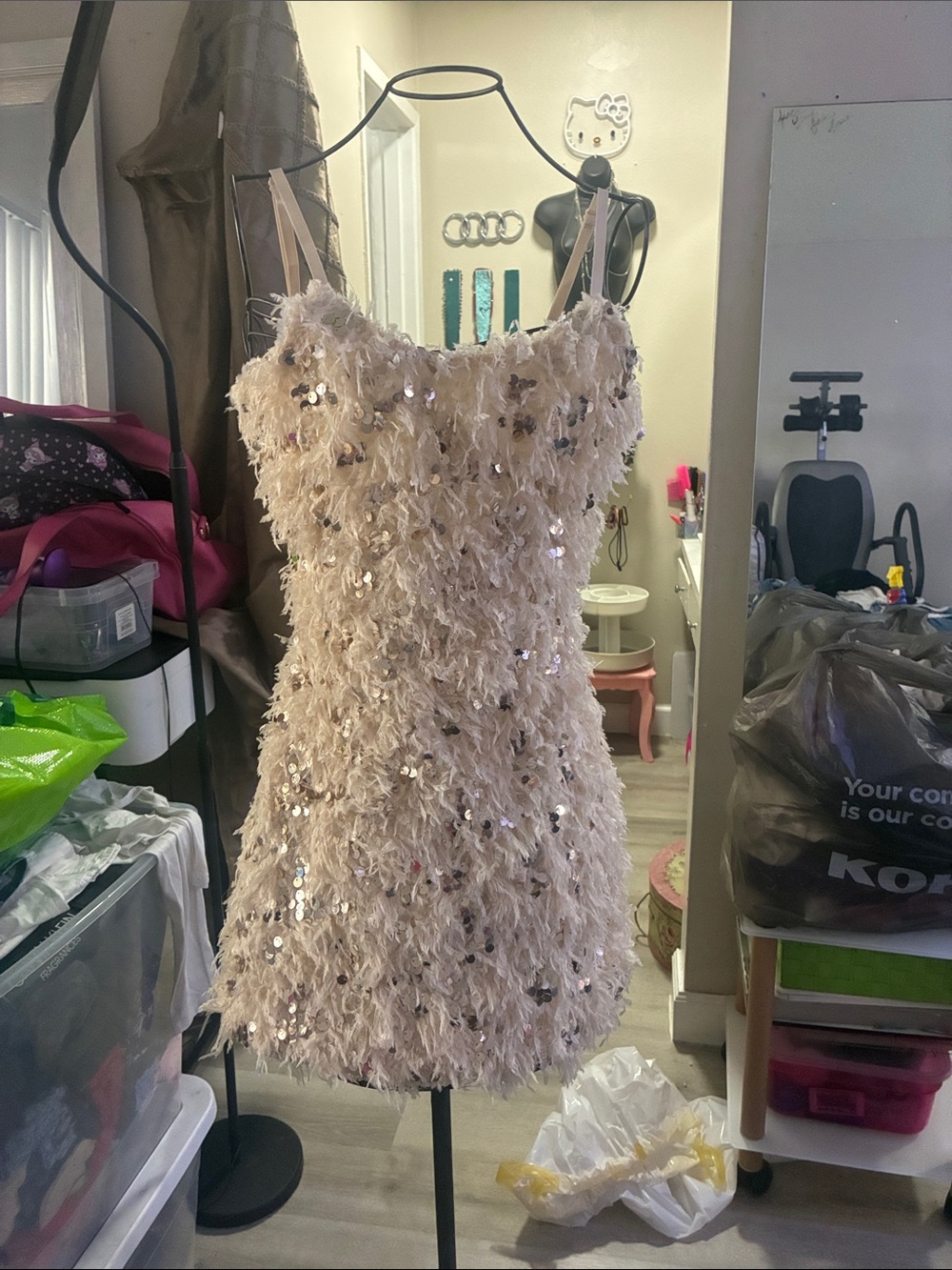 RIHOAS Blush Pink Feathered Sequin Prom Dress